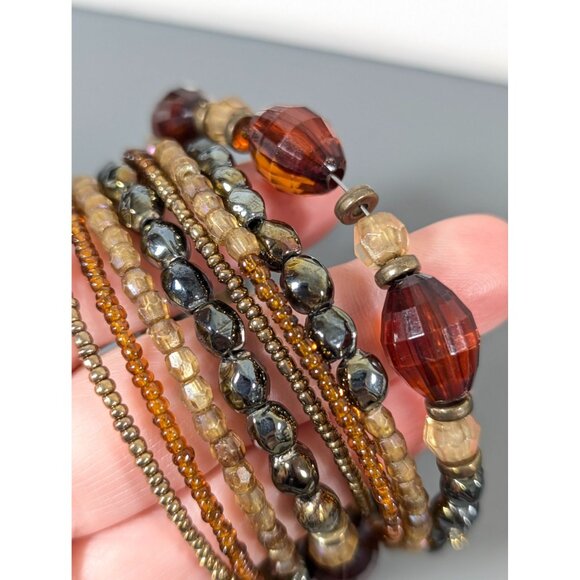 Boho Tribal Faceted Brown Bead Coil Wrap Bracelet 7.5 in - Picture 3 of 6
